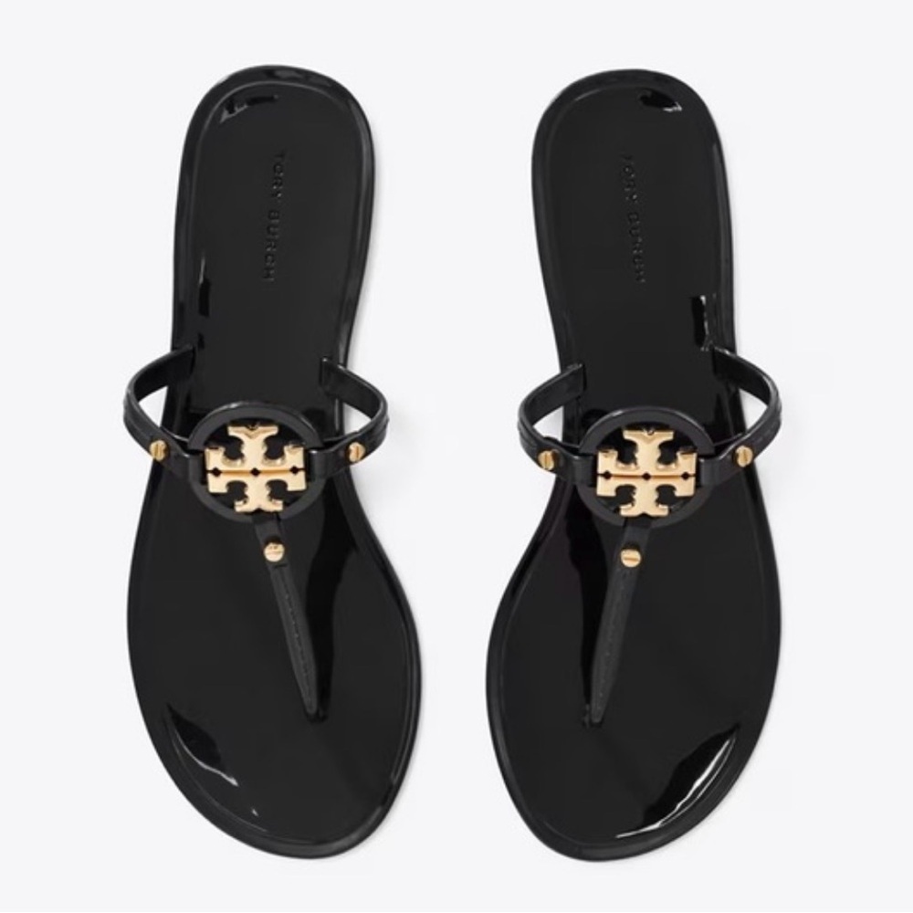 Tory Burch Black Sandals with Gold Emblem - Picture 2 of 5